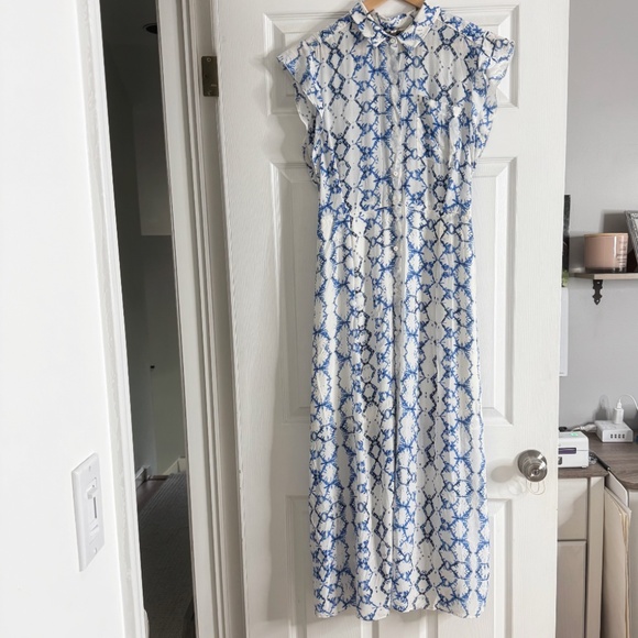 Rebecca Taylor Silk Maxi Dress Button Front Short Flutter Sleeve Blue White Sz 8 - Picture 2 of 16